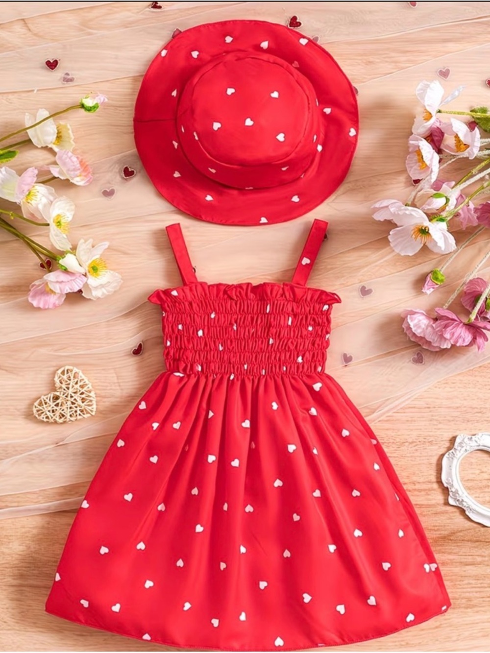 Toddler Girls' Red Heart Print Sundress with Matching Hat